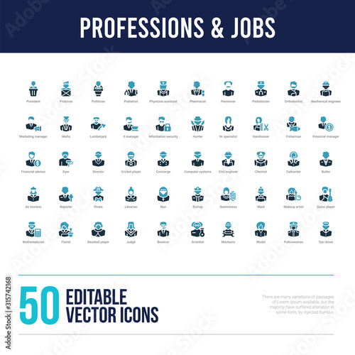 50 professions & jobs concept filled icons
