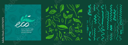 Organic food background for eco store. Eco-friendly icons set. Natural logo elements. Bio labels. Organic banner template for healthy design. Vector leaves pattern seamless. Agriculture growth logo.
