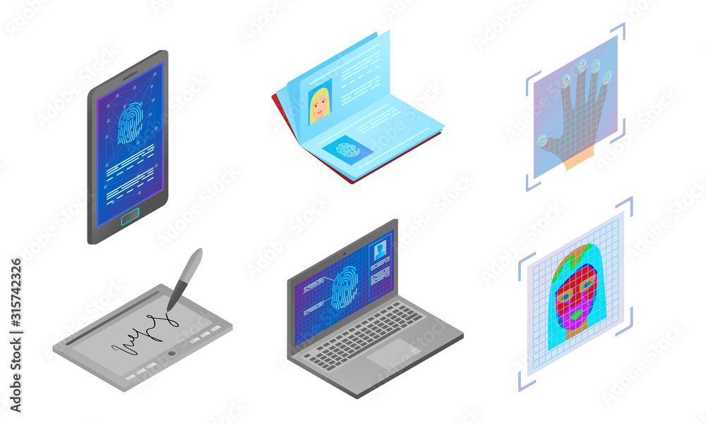 Modern autorization technologies on different devices and passport vector illustration