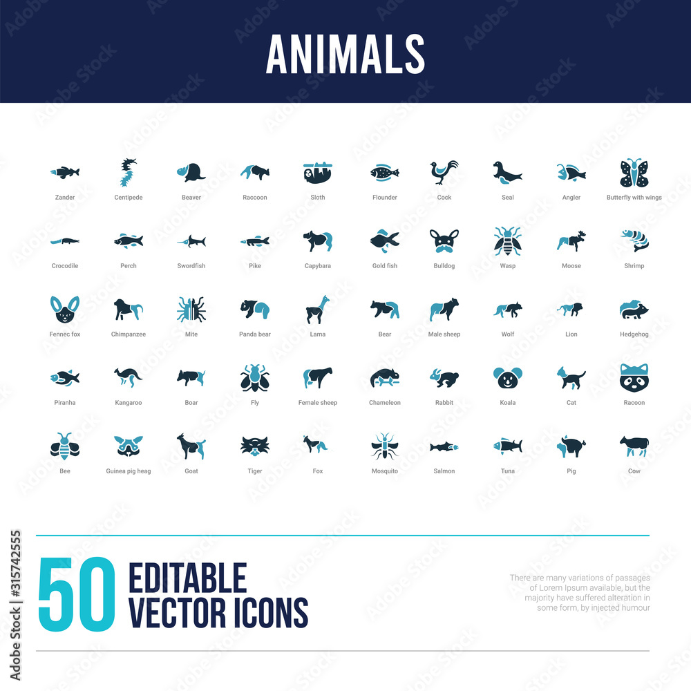 50 animals concept filled icons