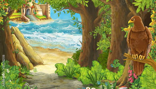 cartoon scene with bird eagle of beautiful castle by the beach and ocean or sea - illustration for children
