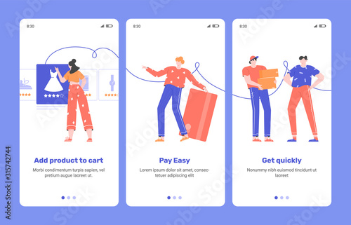 Convenient shopping. Easy payment and quick delivery of purchases. Mobile application onboarding concept design. Online shopping service. Trending vector flat characters.