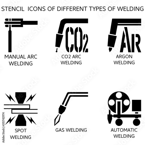 Vector. Stencil icons, arc welding, in the environment of protective gases, semi-automatic, automatic, gas. Argon, acetylene, carbon dioxide. Layers good separated.