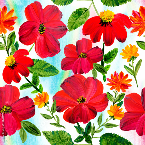 Floral seamless pattern of abstract red flowers