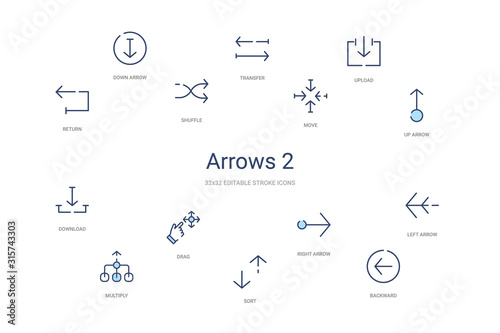 arrows 2 concept 14 colorful outline icons. 2 color blue stroke icons