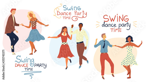 Swind Dance Party Time Concept. Young Couples are Dancing Swing, Rock and Roll or Lindy Hop. Flat Style. Vector Illustration