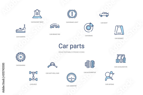 car parts concept 14 colorful outline icons. 2 color blue stroke icons