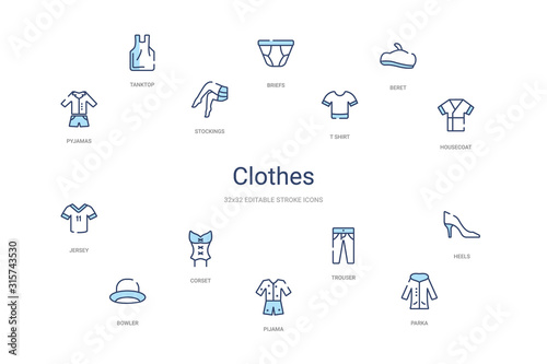 clothes concept 14 colorful outline icons. 2 color blue stroke icons