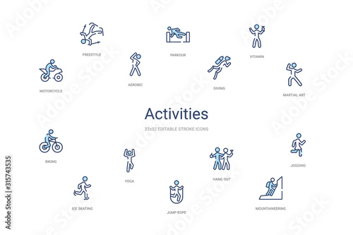 activities concept 14 colorful outline icons. 2 color blue stroke icons