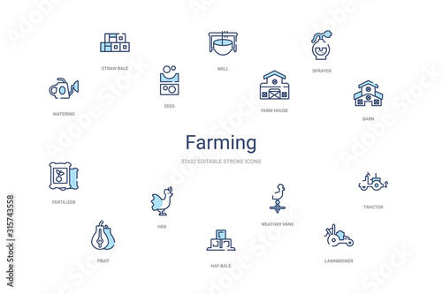 farming concept 14 colorful outline icons. 2 color blue stroke icons