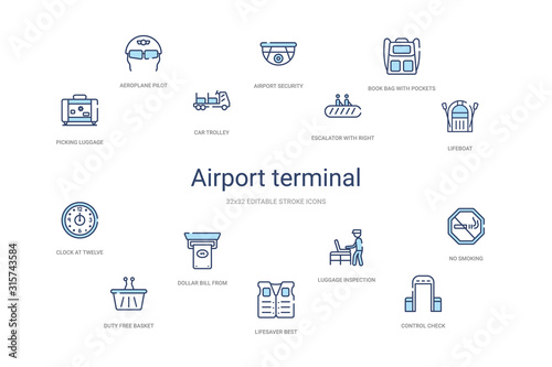 airport terminal concept 14 colorful outline icons. 2 color blue stroke icons