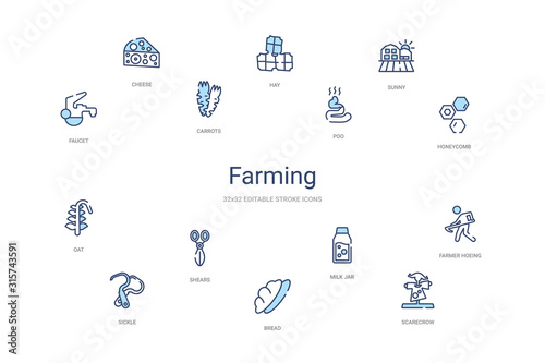 farming concept 14 colorful outline icons. 2 color blue stroke icons