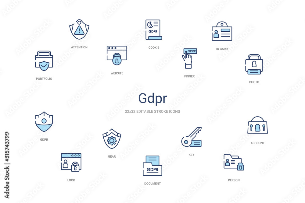 gdpr concept 14 colorful outline icons. 2 color blue stroke icons
