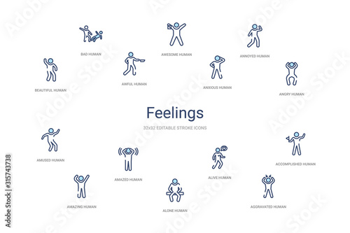 feelings concept 14 colorful outline icons. 2 color blue stroke icons