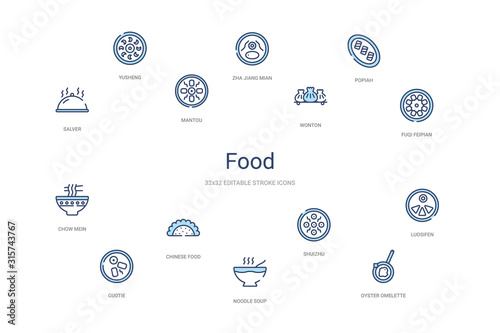 food concept 14 colorful outline icons. 2 color blue stroke icons