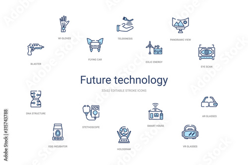 future technology concept 14 colorful outline icons. 2 color blue stroke icons