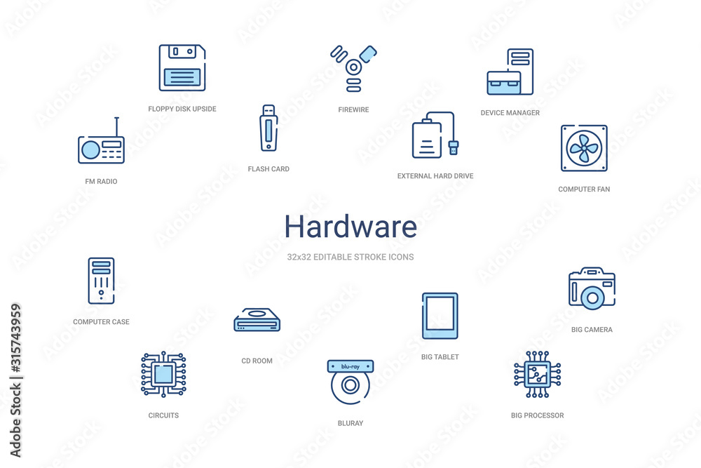 hardware concept 14 colorful outline icons. 2 color blue stroke icons - obrazy, fototapety, plakaty 