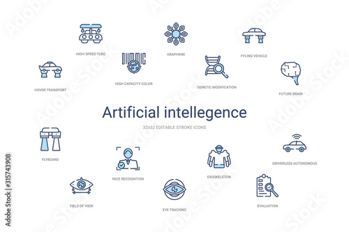 artificial intellegence concept 14 colorful outline icons. 2 color blue stroke icons