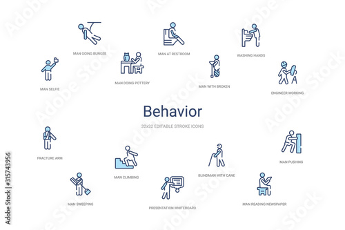 behavior concept 14 colorful outline icons. 2 color blue stroke icons