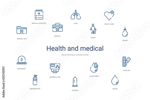 health and medical concept 14 colorful outline icons. 2 color blue stroke icons