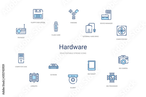 hardware concept 14 colorful outline icons. 2 color blue stroke icons