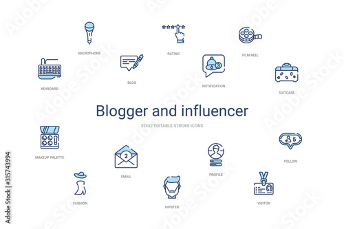 blogger and influencer concept 14 colorful outline icons. 2 color blue stroke icons