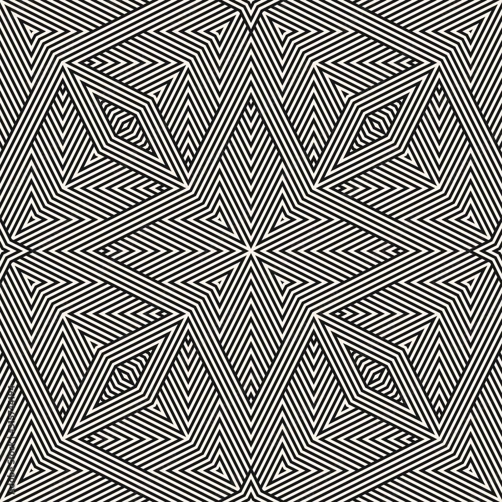 Geometric lines seamless pattern. Vector abstract black and white background. Modern graphic texture with rhombuses, star shapes, triangles, stripes, thin crossing lines. Creative geometry design 