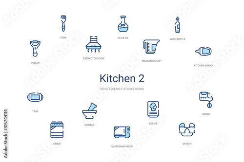 kitchen 2 concept 14 colorful outline icons. 2 color blue stroke icons
