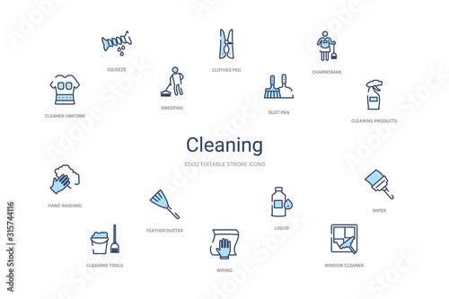 cleaning concept 14 colorful outline icons. 2 color blue stroke icons