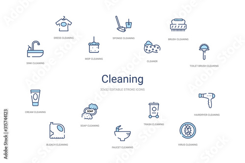 cleaning concept 14 colorful outline icons. 2 color blue stroke icons
