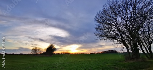 A fantastic sunset with red yellow orange and purple tones with dramatic cloud formation over green meadows with bare trees in January on the island of Rügen