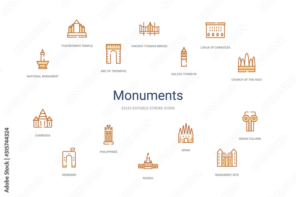 monuments concept 14 colorful outline icons. 2 color blue stroke icons