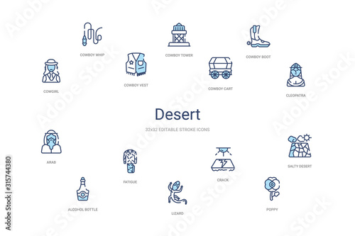 desert concept 14 colorful outline icons. 2 color blue stroke icons