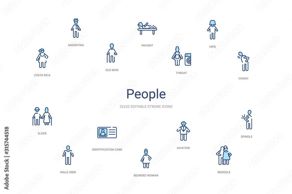 people concept 14 colorful outline icons. 2 color blue stroke icons