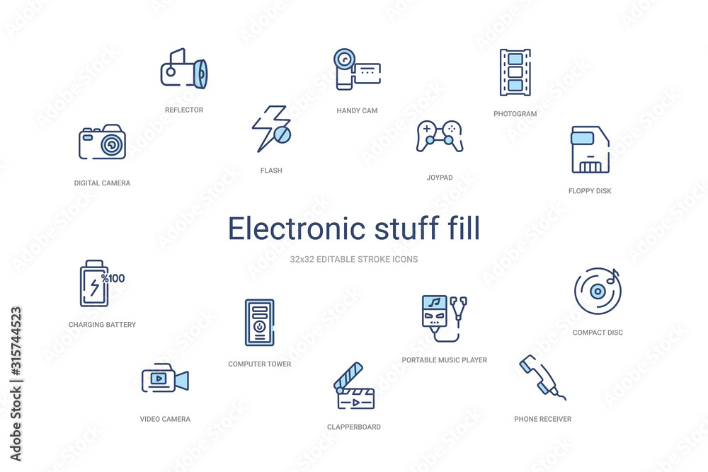 electronic stuff fill concept 14 colorful outline icons. 2 color blue stroke icons