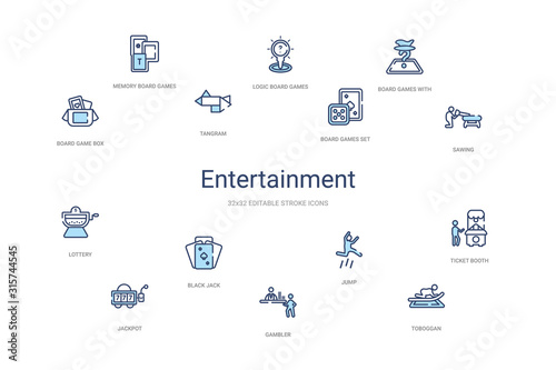 entertainment concept 14 colorful outline icons. 2 color blue stroke icons