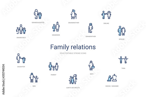 family relations concept 14 colorful outline icons. 2 color blue stroke icons
