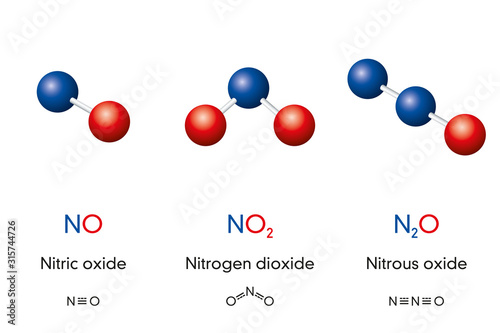 Nitric oxide NO, Nitrogen dioxide NO2 and Nitrous oxide N2O, laughing gas, molecule models and chemical formulas. Ball-and-stick models, geometric structures, structural formulas. Illustration. Vector photo