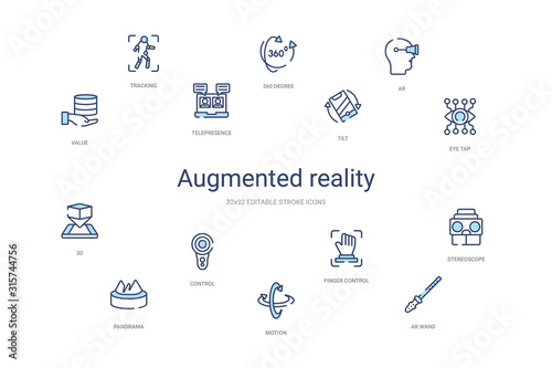augmented reality concept 14 colorful outline icons. 2 color blue stroke icons