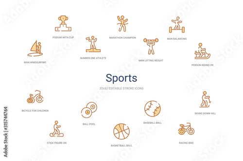 sports concept 14 colorful outline icons. 2 color blue stroke icons