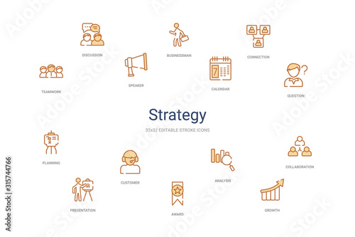 strategy concept 14 colorful outline icons. 2 color blue stroke icons