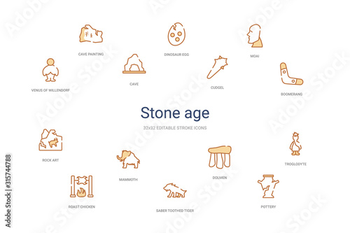 stone age concept 14 colorful outline icons. 2 color blue stroke icons