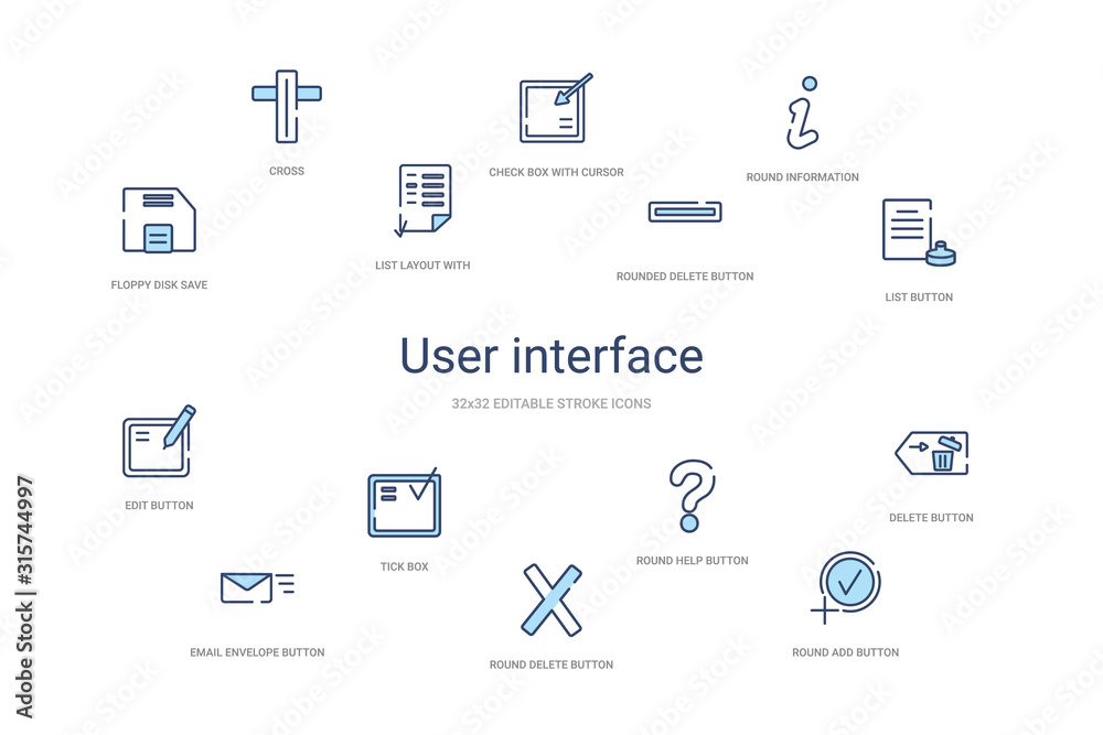 user interface concept 14 colorful outline icons. 2 color blue stroke icons user interface concept 14 colorful outline icons. 2 color blue stroke icons