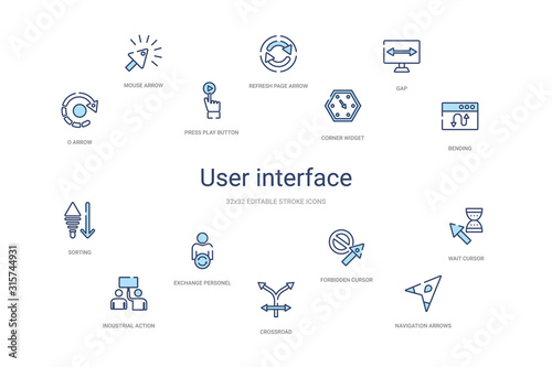 user interface concept 14 colorful outline icons. 2 color blue stroke icons