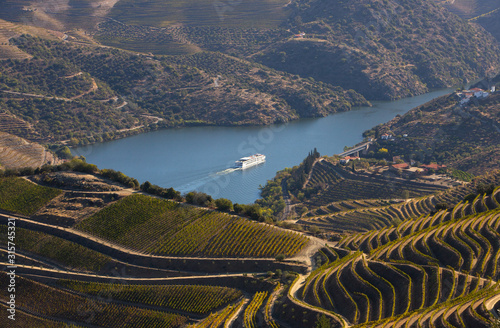 Bild auf Leinwand Cruise ship in Douro river and Alto Douro vineyards and landscape - UNESCO World