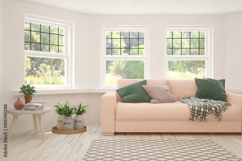 Fototapeta premium Stylish room in white color with sofa and summer landscape in window. Scandinavian interior design. 3D illustration