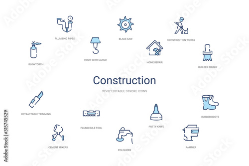 construction concept 14 colorful outline icons. 2 color blue stroke icons