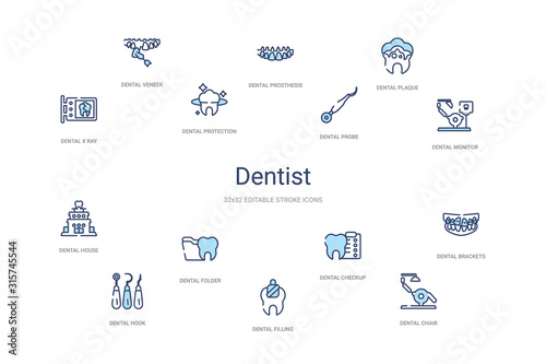 dentist concept 14 colorful outline icons. 2 color blue stroke icons