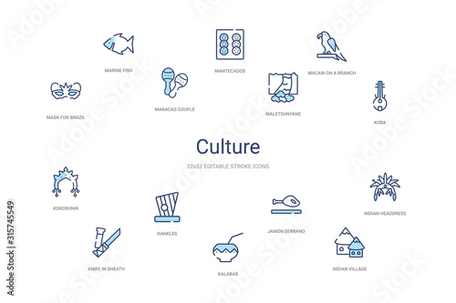 culture concept 14 colorful outline icons. 2 color blue stroke icons