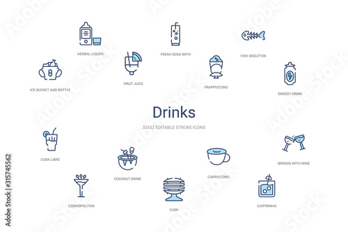 drinks concept 14 colorful outline icons. 2 color blue stroke icons